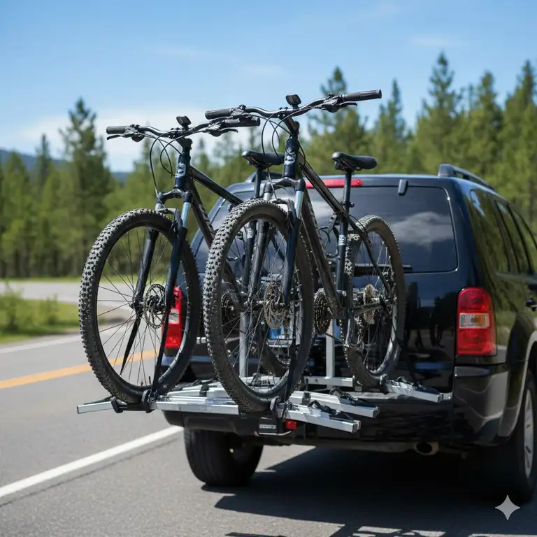 Close-up of a swing out bike carrier installed on the back of a black SUV, showing a fully-loaded rack of bikes.