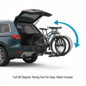 A diagram showing the full 90-degree outward swing mechanism of the swing out bike carrier, providing easy access to the vehicle's hatch. 