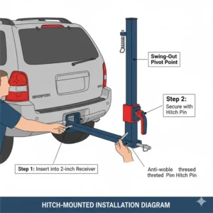Detailed illustration of the installation process for a 2-inch hitch-mounted swing out bike carrier. 