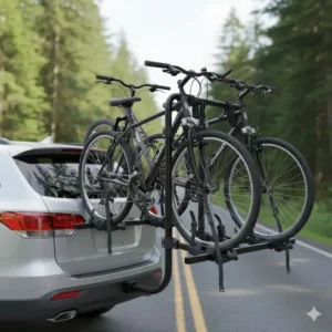 The swing out bike carrier supporting four bicycles, highlighting the secure, anti-sway cradles and straps. 