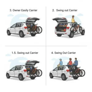 An owner easily opening their rear hatch to access gear while the swing out bike carrier is in the open position. 