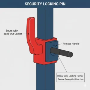 A close-up shot of the heavy-duty locking pin and release handle for the swing-out function of the swing out bike carrier. 