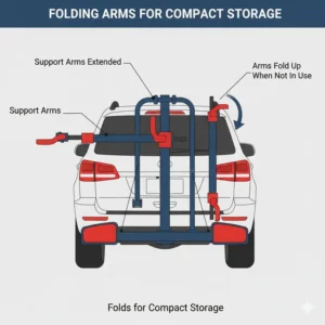 Image demonstrating how the bicycle support arms on the swing out bike carrier fold down when not in use for a compact profile. 