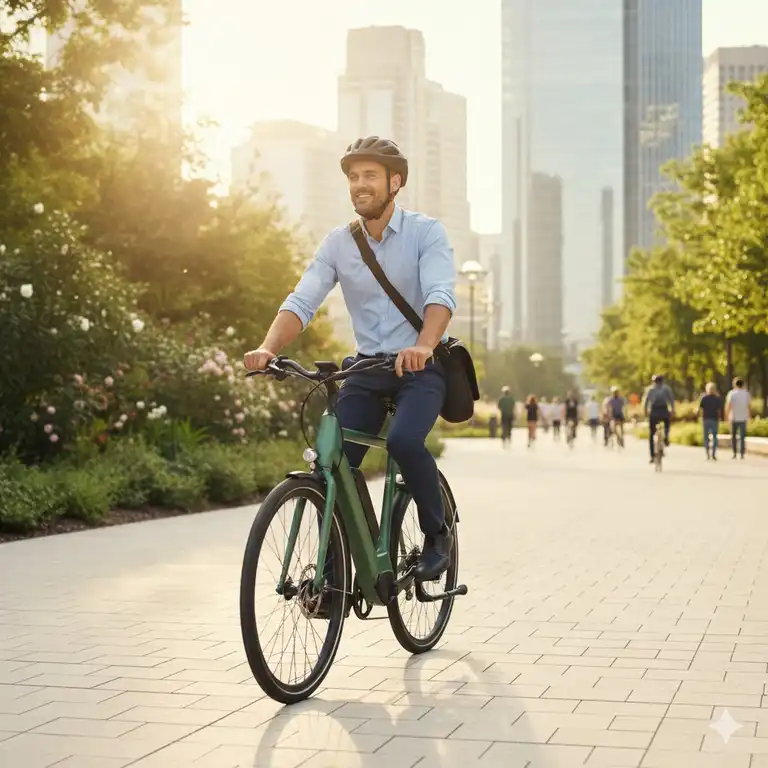 A person smiling while riding one of the affordable electric bikes for commuters along a sunny, tree-lined city pathway.