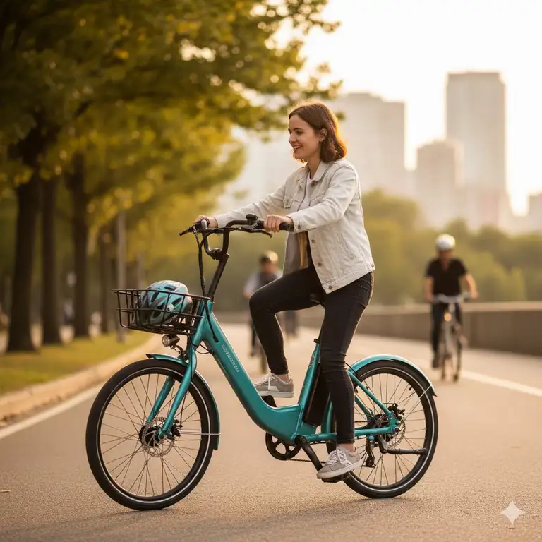 A petite woman is easily mounting one of the best step-through electric bikes for short riders, showcasing the low frame design.