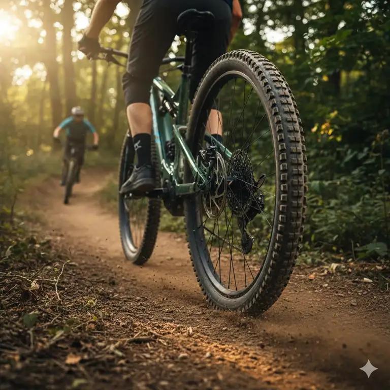 Close-up of an aggressive, high-grip tire on an electric mountain bike on a dirt trail, illustrating the best tires for electric mountain bikes.