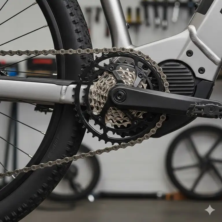 A close-up shot of an e-bike chain and gears (cassette and derailleur) showing the components needed to transmit power, which helps illustrate how to choose the correct drivetrain parts.how to choose e bike chain and gears