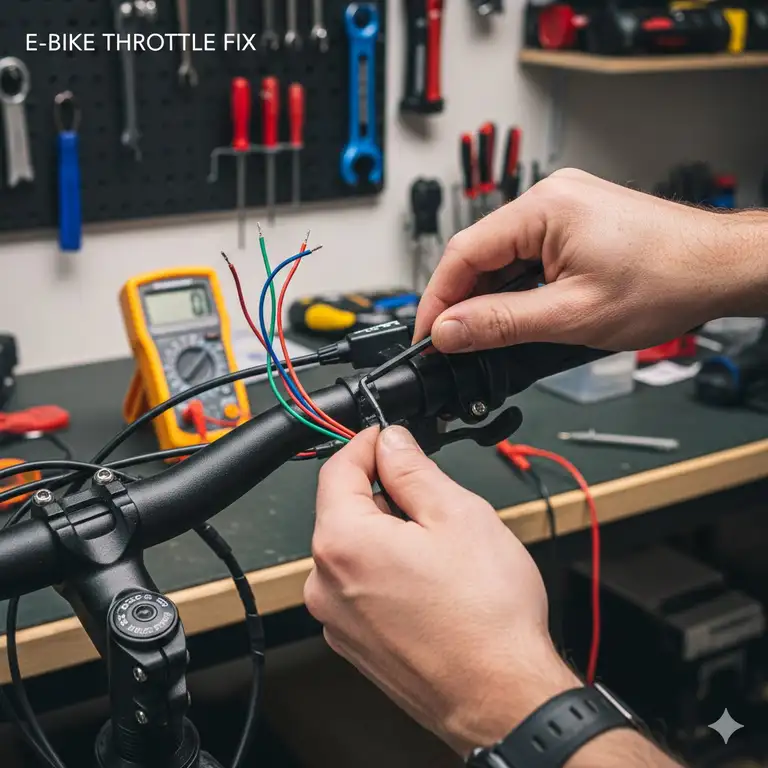 Close-up of an e-bike rider diagnosing the problem, illustrating a general guide for the e bike throttle not working fix. (Featured Image)