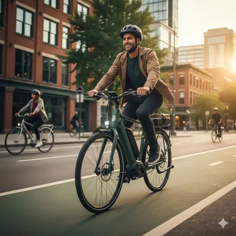 Electric bicycles for urban commuters riding down a dedicated city bike lane, showcasing a sleek e-bike design with an integrated battery and rear rack.