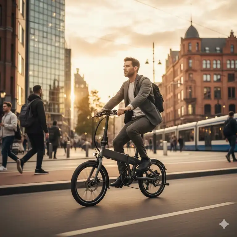 A man riding his folding electric bicycles for urban commuters on a busy city street at sunset, showing its convenience.