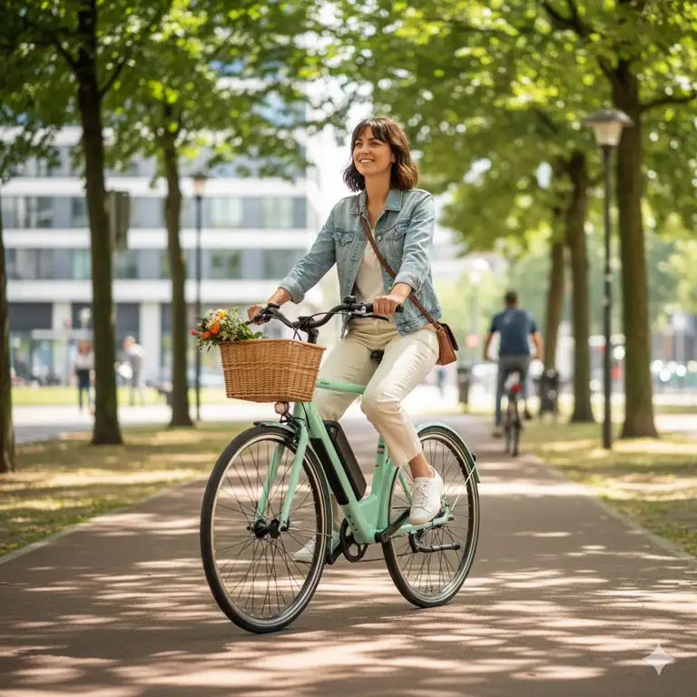 A woman riding a stylish and comfortable lightweight electric bikes for women on a sunny path, showcasing its design.