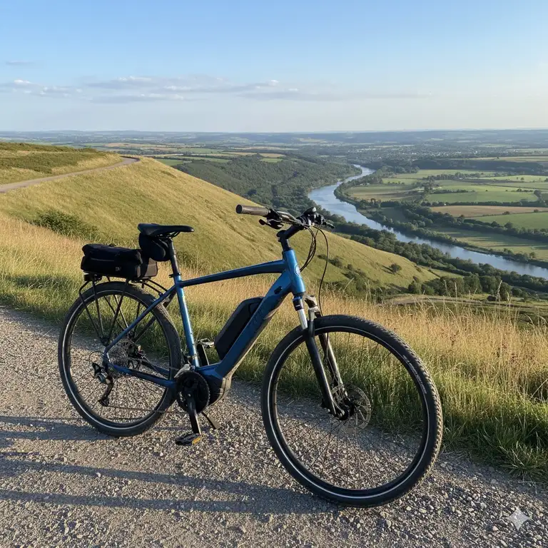 Electric bike with the longest battery range parked on a scenic, long-distance touring trail.