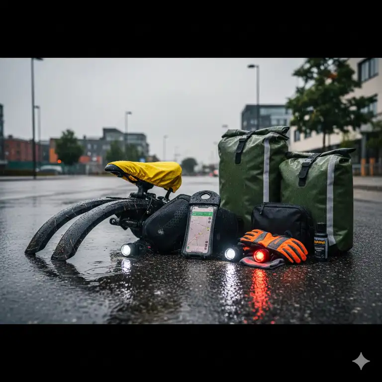 A collection of essential waterproof e-bike accessories for rainy weather, including fenders, a saddle cover, and bright lights, ensuring a dry and safe ride.