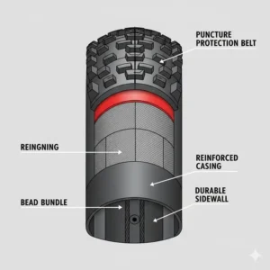 Cross-section diagram highlighting the reinforced casing and durable sidewall construction essential for the best tires for electric mountain bikes.
