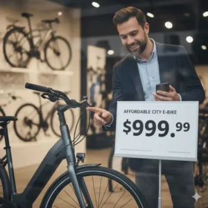 Close-up of a consumer examining the low price tag on a high-value model among affordable electric bikes for commuters.