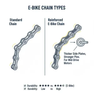 Diagram illustrating the different types of e-bike chains, highlighting the differences between standard and reinforced options for mid-drive motors.