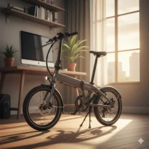 Close-up of a fully folded folding electric bicycles for urban commuters stored compactly next to a desk inside an apartment.