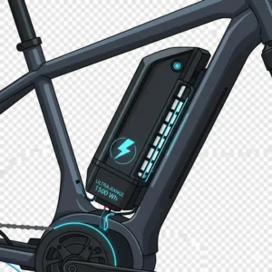 Close-up of a high-capacity lithium-ion battery pack, illustrating the electric bike with the longest battery range technology.