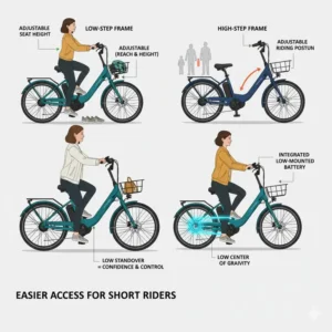 Diagram comparing a low-step frame to a high-step frame, demonstrating why best step-through electric bikes for short riders offer superior accessibility.