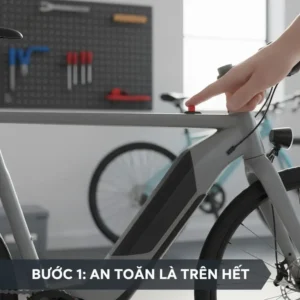 Close-up showing a hand turning off the main power switch on an electric bike before attempting to replace e bike battery.