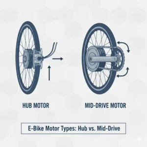 Diagram comparing a hub motor and a mid-drive motor, illustrating the key difference when considering upgrading an e-bike motor.