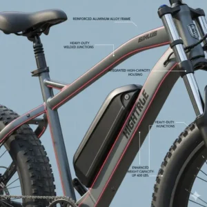 Close-up of a reinforced steel or aluminum frame, illustrating the durability of top-rated electric bikes for heavy riders.