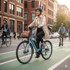 A step-through electric bicycle design, popular with urban commuters for easy mounting and dismounting in city traffic.