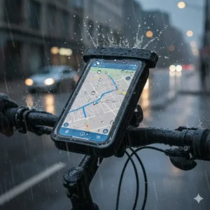 Close-up of a waterproof e-bike accessories (phone mount) protecting a smartphone from heavy rain, essential for rainy weather.
