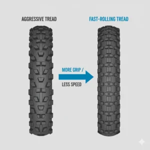Comparison of an aggressive tread pattern versus a fast-rolling tread pattern, showing the difference in knobs on the best tires for electric mountain bikes.