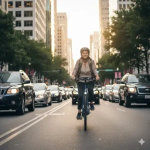 An individual rides an excellent example of affordable electric bikes for commuters past slow city car traffic, highlighting efficiency.