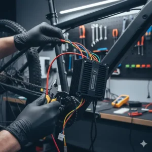 Technician carefully wiring in a new, upgraded e-bike controller—a key step for unlocking more power from the existing motor.