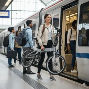 A folding electric bicycle being carried onto a train, highlighting the convenience for multi-modal urban commuting and small apartment storage.