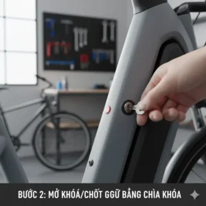 Image of a key being inserted into the lock mechanism to unlock and release the old battery when you replace e bike battery.