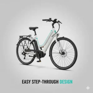 A diagram illustrating the easy step-through design feature of lightweight electric bikes for women.