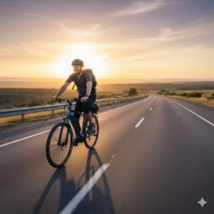 Rider enjoying a smooth ride on a touring-style electric bike with the longest battery range on an open highway.