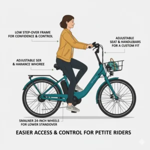 Close-up of small-diameter wheels and a low saddle on one of the best step-through electric bikes for short riders for improved standover height.