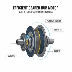 Close-up of the geared hub motor on the top rated electric bikes for city commuting.