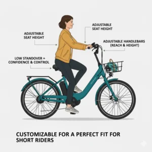 Visual focusing on the highly adjustable seat post and handlebars, a key feature of the best step-through electric bikes for short riders.