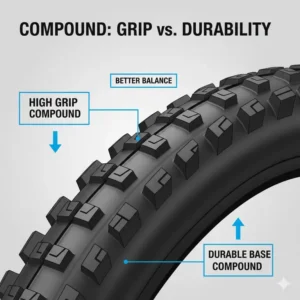 Detailed view of the rubber compound on a tire, emphasizing the balance between high grip and long-term durability for the best tires for electric mountain bikes.