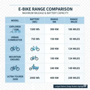 Infographic comparing the maximum mileage and battery capacity (Wh) of various electric bikes with the longest battery range.
