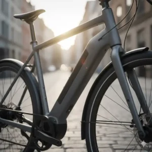Close-up of a modern electric commuter bicycle with a smoothly integrated battery into the frame for a sleek look.