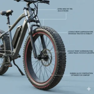 Detail of an e-bike's robust suspension and wide fat tires, providing stability on the top-rated electric bikes for heavy riders.