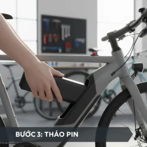 Illustrating the careful technique used to slide the old battery out of the frame mount after unlocking it as you replace e bike battery.