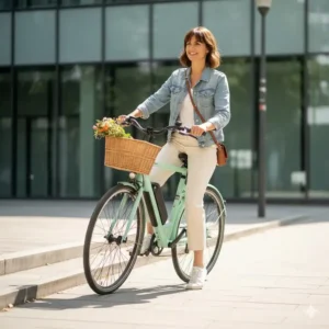 A woman effortlessly lifting or maneuvering one of the lightweight electric bikes for women, highlighting its portability.