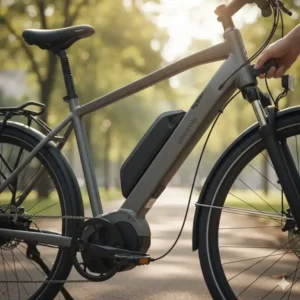 Detailed view of the powerful, integrated battery on one of the affordable electric bikes for commuters, emphasizing long-range capability.