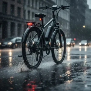 Extra-long waterproof e-bike accessories (mudguards/fenders) installed on an e-bike, necessary for rainy weather conditions.