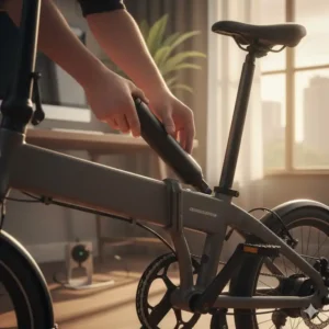 A hand removing the internal battery from the folding electric bicycles for urban commuters to charge indoors.