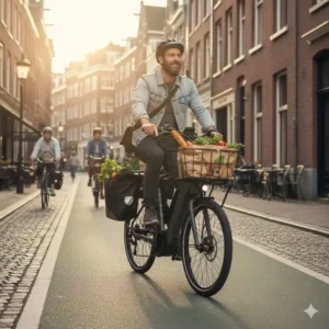 A cargo electric bike loaded with groceries and panniers, demonstrating its utility as a car replacement for urban commuters.