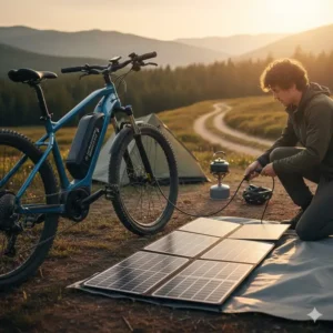 A person using a solar panel setup to recharge the battery of their electric bike with the longest battery range.
