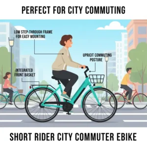 A woman easily commuting through a park on one of the best step-through electric bikes for short riders.